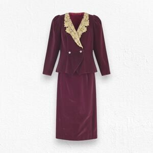 Vintage 80s Burgundy Velvet Gold Lace Trim Power Suit Blazer Skirt Size Medium
